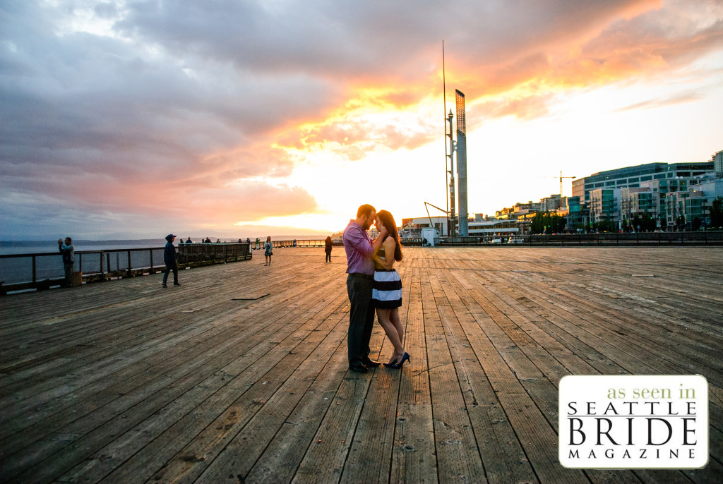 Seattle boardwalk sunset engagement photos published in Seattle Bride Magazine