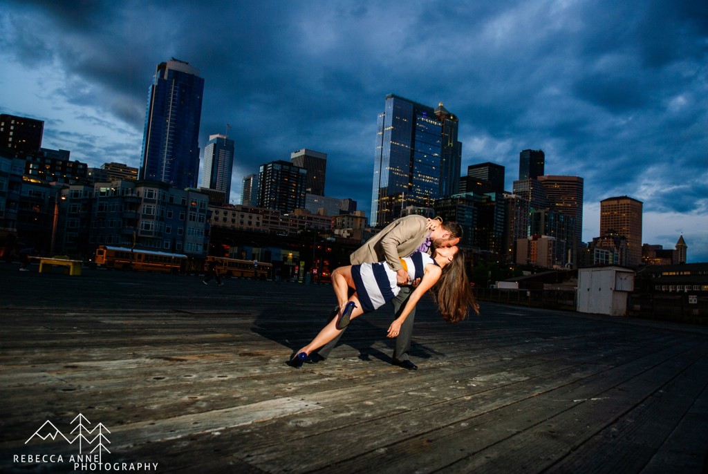 Dramatic kissing photo in Downtown Seattle Pier 66