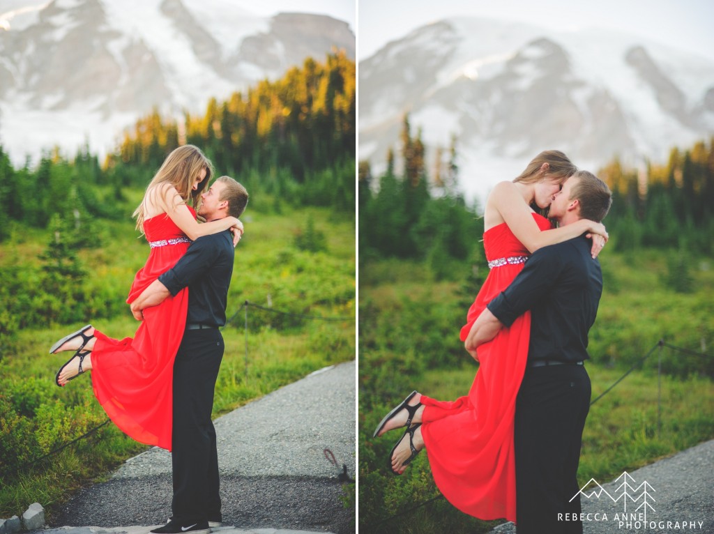 Kissing at Mount Rainier National Park Engagement Photo