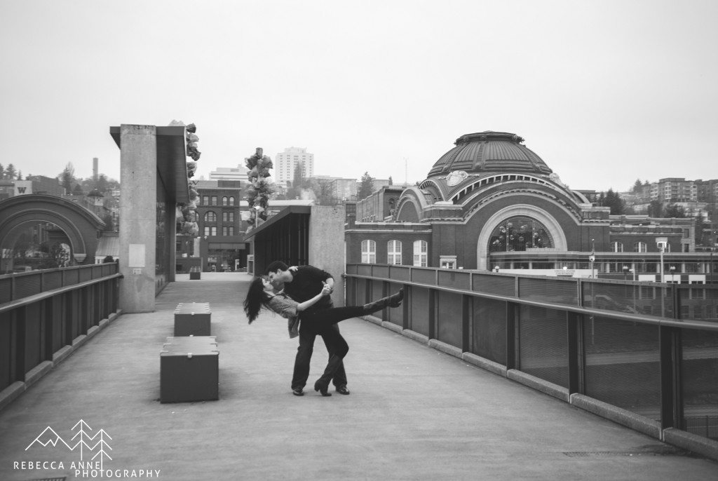 Downtown Tacoma Dramatic Kissing Engagement Photo Pose