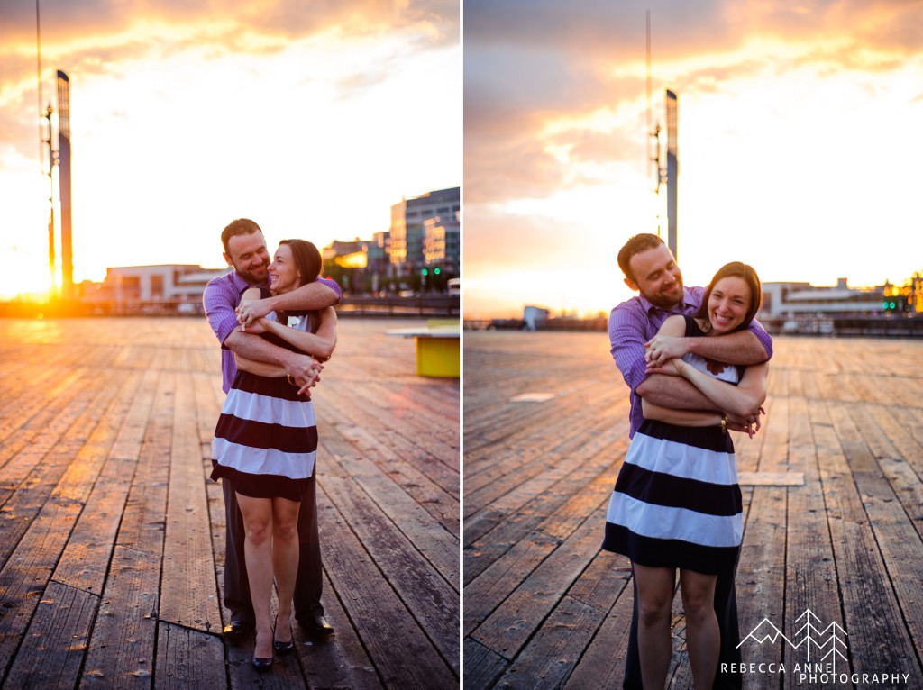 Laughter engagement photo in Downtown Seattle Pier 66