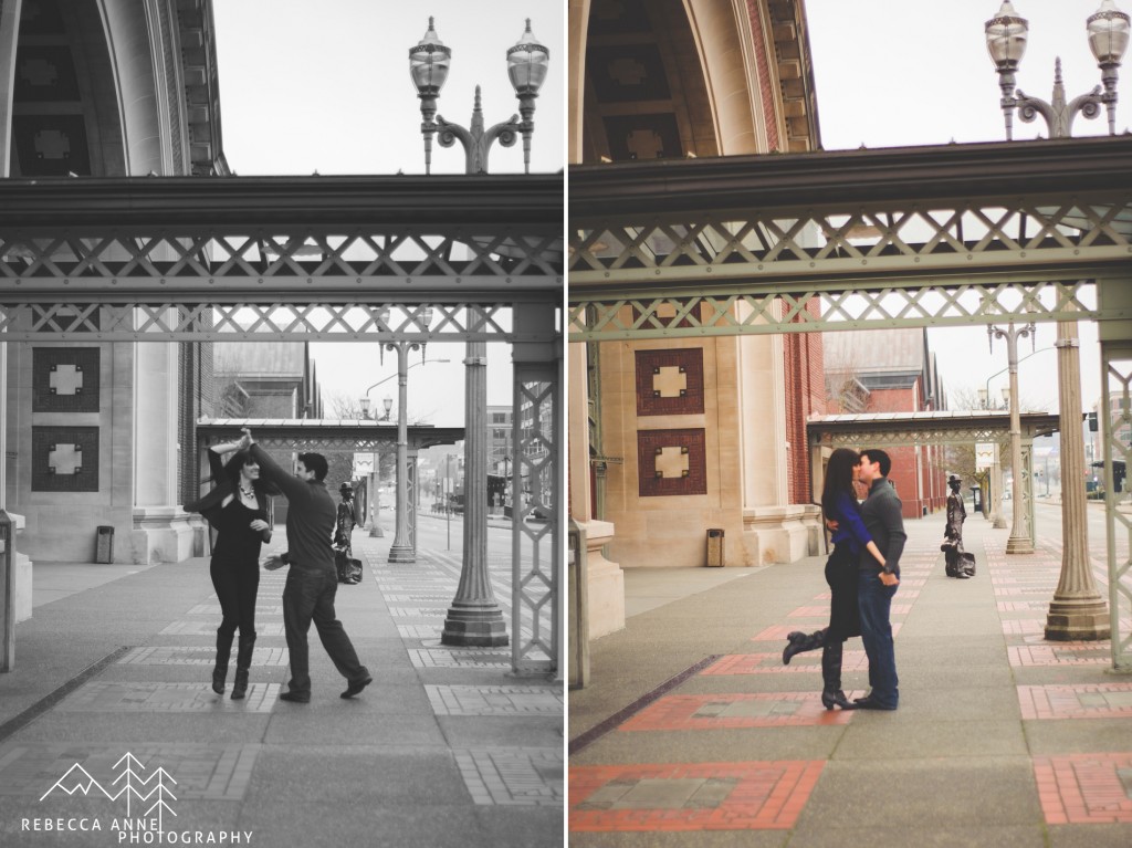 Dancing in downtown tacoma engagement photo